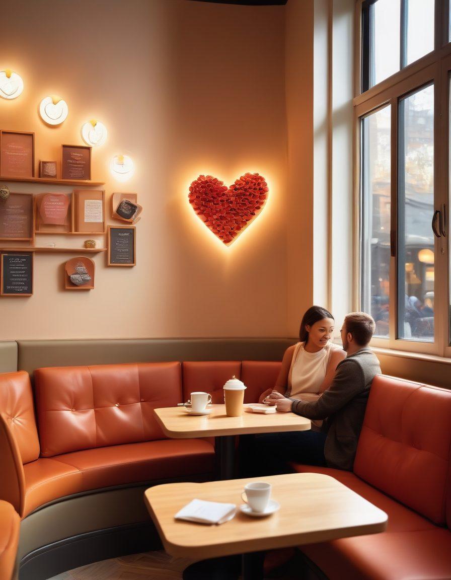 A diverse group of people engaged in meaningful conversations in a cozy, intimate cafe setting, showcasing various forms of love languages like words of affirmation, gestures, and acts of service. Soft, warm lighting enhances the atmosphere, with heart-shaped icons subtly integrated in the background. Include elements like coffee cups and plush cushions to illustrate comfort and connection. super-realistic. warm colors. cozy ambiance.