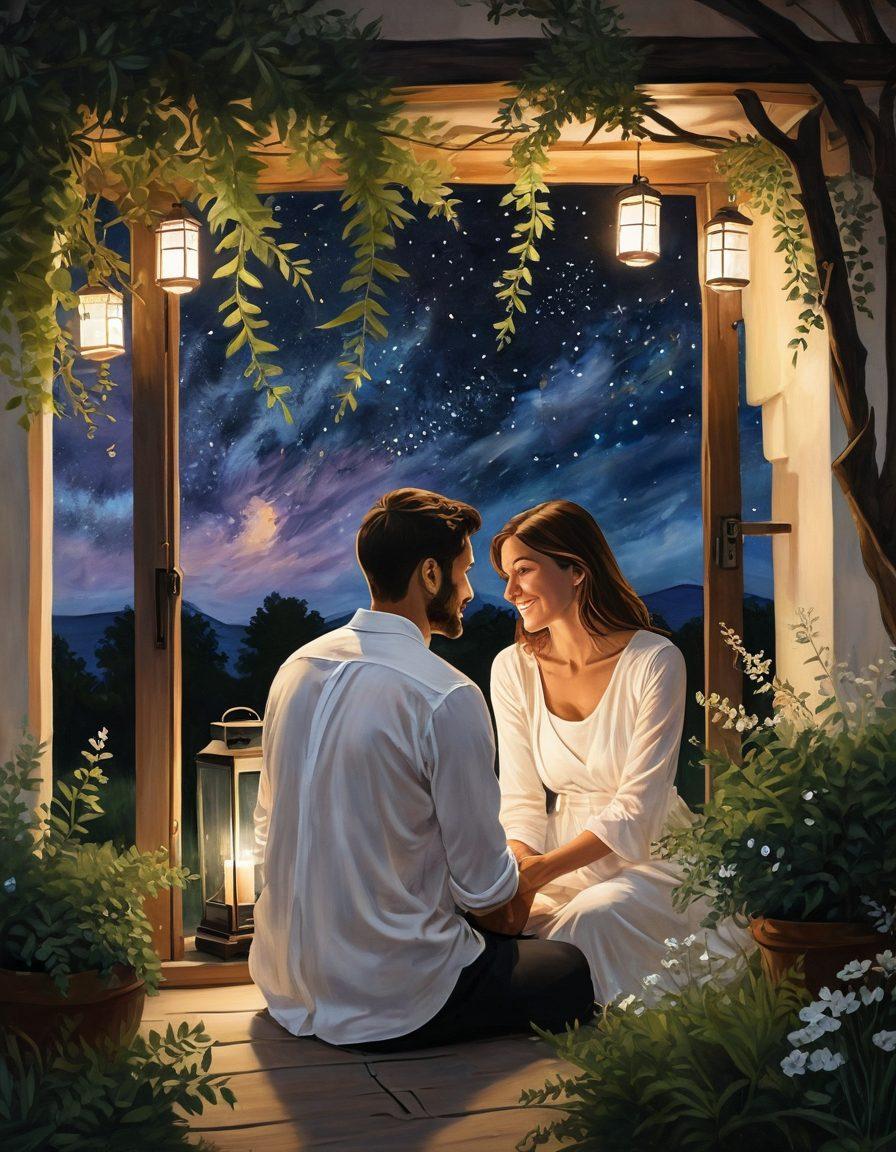 A cozy, intimate setting with a couple sharing a heartfelt conversation under a starry sky, surrounded by soft glowing lanterns. The scene captures the warmth of connection and genuine laughter, highlighting the importance of communication in relationships. Incorporate subtle hints of nature, like blooming flowers and lush greenery, to symbolize growth and nurturing. The couple should be diverse in appearance to represent inclusivity in dating. soft focus, romantic, painting.