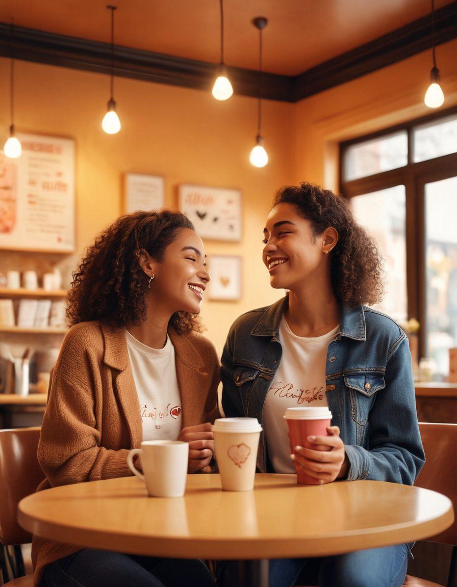 A warm, inviting scene of two people enjoying a casual coffee date in a cozy café, with soft lighting and playful background elements representing emotional support, like heart-shaped decorations and supportive quotes on the walls. The characters should express genuine laughter and connection, portraying a sense of casual dating bliss. super-realistic. warm colors. soft focus.
